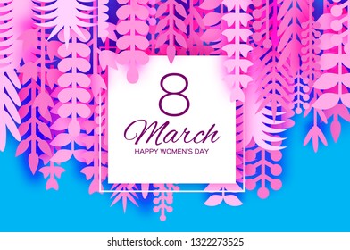 8 March. Origami Spring Flowers for Happy Womens day. Mixed Pink Violet Paper cut outs plants, flowers, tropical leaves for window display. Square frame for text. Mothers Day. Happy holidays on blue.