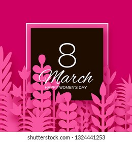 8 March. Origami Spring Flowers for Happy Womens day. Mixed Pink Paper cut outs plants, flowers, tropical leaves for window display. Square black frame for text. Mothers Day. Happy holidays.