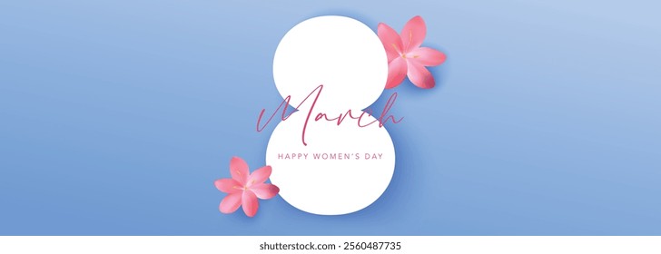 8 March paper cut and calligraphic text banner background with realistic pink flowers. Women's Day vector for greeting card, invitation, social media post, website, sale, discount, promotion, voucher