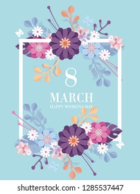 8 march, paper cut, flowers print, vector illustration