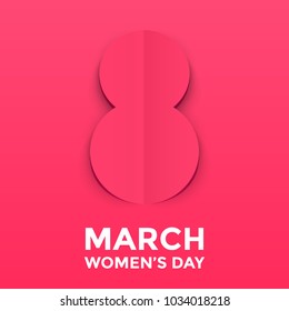 8 March paper cut out illustration for International Women's Day card. Happy Womens Day vector origami papercut number Eight on pink red dot background. Trendy 3D mothers day greeting card template