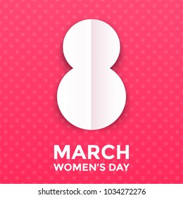 8 March paper cut out illustration for International Women's Day card. Happy Womens Day vector origami papercut number Eight on pink red dot background. Trendy 3D mothers day greeting card template