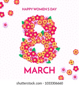 8 March papercut illustration for International Women's Day card. Happy Womens Day vector paper cut number Eight with cherry blossom on white background. Trendy mothers day greeting card template