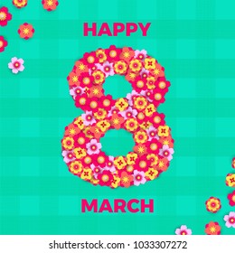 8 March papercut illustration for International Women's Day card. Happy Womens Day vector paper cut number Eight with cherry blossom on green gingham background. Mothers day greeting card template