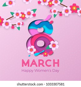 8 March papercut illustration for International Women's Day card. Vector paper cut number Eight with pink cherry blossom on ultra violet background. Trendy modern women's day greeting card template