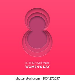 8 March papercut illustration for International Women's Day card. Happy Womens Day vector paper cut out number Eight on pink red background. Trendy 3D mothers day greeting card template