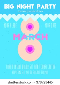 8 March party invitation poste on blue background, bright colors. Women's day concept. Creative template. Vector illustration.