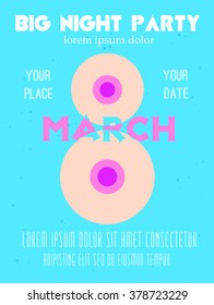 8 March party invitation poster on blue background bright colors. Women's day concept. Creative template. Vector illustration.