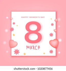 8 March pink banner with flowers and hearts . Happy women's day square cover. Template for banner, poster, flyer, brochure, greeting card. Elements for holiday design. Vector Illustration.