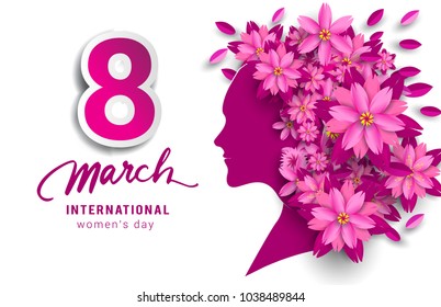 8 March. pink Floral Greeting card. International Happy Women's Day. Paper cut flower pink holiday background with space for text. Trendy Design Template. Vector illustration