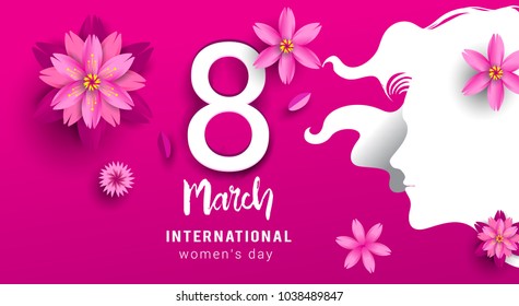 8 March. pink Floral Greeting card. International Happy Women's Day. Paper cut flower pink holiday background with space for text. Trendy Design Template. Vector illustration