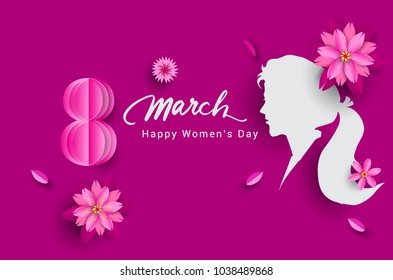 8 March. pink Floral Greeting card. International Happy Women's Day. Paper cut flower pink holiday background with space for text. Trendy Design Template. Vector illustration