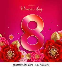 8 March. Pink Floral Greeting card. International Happy Women's Day. Paper cut flower holiday background. Trendy Design Template. Vector illustration