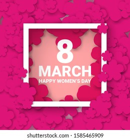 8 March. Pink floral greeting card. International Happy Women's Day. Trendy Design Template. Vector