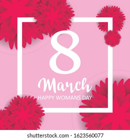8 March. pink Floral Greeting card. International Happy Women's Day. Paper cut flower blue holiday background with Square Frame and space for text. Trendy Design Template. Vector illustration