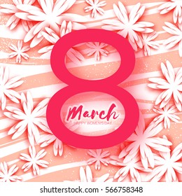 8 March. pink Floral Greeting card. International Happy Women's Day. Origami flower white holiday background with paper cut eight. Trendy Design Template. Vector illustration