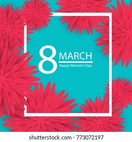 8 March. pink Floral Greeting card.Happy Women's Day. Paper cut flower blue holiday background with Square Frame. Vector illustration