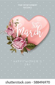 8 March pink heart and flower bouquet for greeting card or party poster template. Vector vintage illustration on pattern background