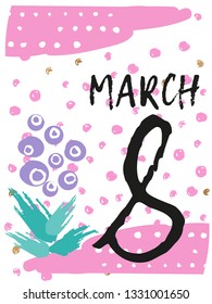 8 march poscard with greeting tag. International Women's day greeting card. Brush lettering. Hand drawn elements, flowers. Simple style. Hand written text.