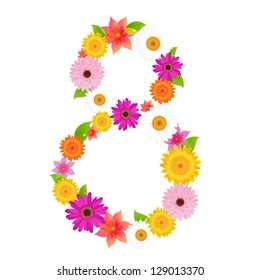 8 March, Postcard With Color Flowers With Gradient Mesh, Vector Illustration
