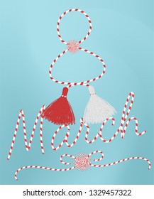  8 march  postcard with handmade martisor celebrating elements and lettering 
