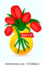8 March poster with bouquet of red tulips for International Women's Day.