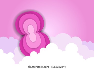 8 March Poster With Template Background Over Pink Clouds Holiday Greeting Card Design