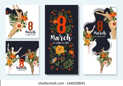 8 March poster with woman and flowers. Vector.