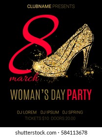 8 march. Poster for Women's Day party. Vector design with beautiful golden shoe.  Invitation, flyer to nightclub.