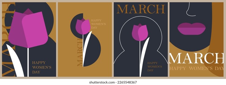 8 March posters set. Women's day holiday greeting cards. Flat minimal style.