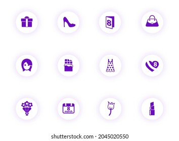 8 march purple color vector icons on light round buttons with purple shadow. 8 march icon set for web, mobile apps, ui design and print