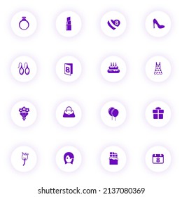 8 march purple color vector icons on light round buttons with purple shadow. 8 march icon set for web, mobile apps, ui design and print