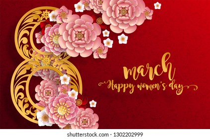 8 March. with realistic of beautiful flower greeting card. International Happy Women's Day. on background color.