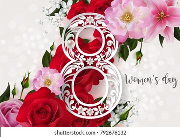 8 March. with realistic of beautiful flower greeting card. International Happy Women's Day. on background color. Vector Eps.10