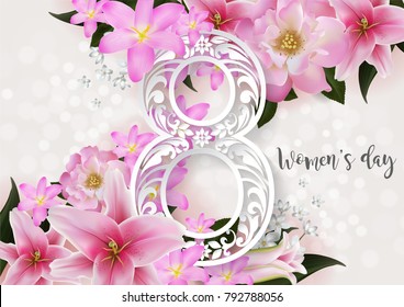 8 March. with realistic of beautiful flower greeting card. International Happy Women's Day. on background color. Vector Eps.10