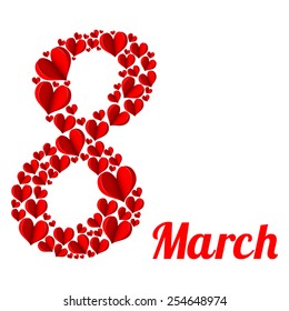 8 of March. Red heart in the form of eight on a white background. Card. Vector illustration.