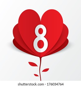 8 march red paper heart flower Women's Day card on white background. Cut from paper. Vector illustration