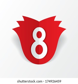 8 march red paper rose Women's Day card on white background. Cut from paper. Vector illustration