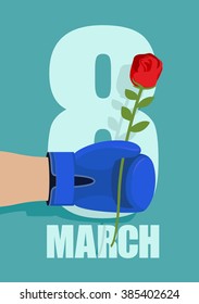 8 March. Red rose as gift for holiday. Mens hand and Boxing Glove. Strong man gives flower for women. International womens day.
