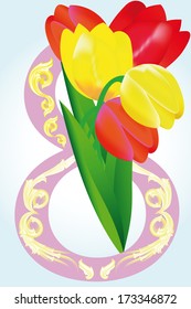 8 March with red and yellow tulips