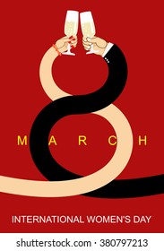 8 March. Romantic date men and women. Drink wine brotherhood. Glasses with champagne. Plexus hands. International womens day 