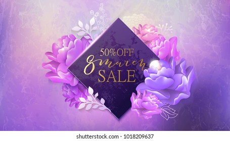 8 march sale background with flower. Pink and violet marble backdrop. Spring, fashion, chic holiday card, banner design.