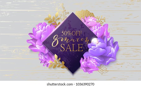8 march sale background with flower. Wooden backdrop. Spring, fashion, chic holiday card, banner design.