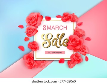 8 march sale background with flowers. Season discount banner design with red roses and petals. 