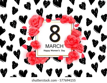 8 march sale background with flowers. Season discount banner design with red roses, grunge hearts and petals. 