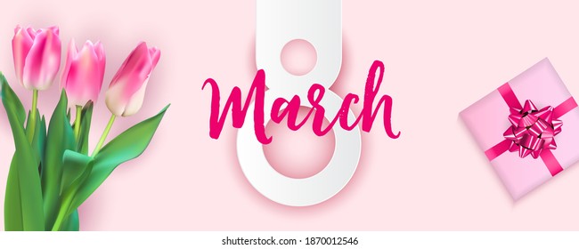 8 March sale banner Background Design. Template  for advertising, web, social media and fashion ads.  Horizontal poster, flyer, greeting card, header for website  Vector Illustration. 