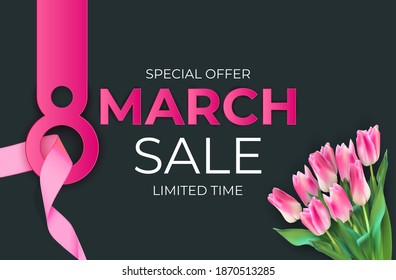 8 March sale banner Background Design. Template  for advertising, web, social media and fashion ads. Poster, flyer, greeting card, header for website  Vector Illustration.