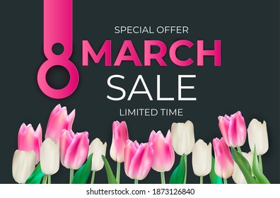 8 March sale banner Background Design. Template  for advertising, web, social media and fashion ads. Poster, flyer, greeting card, header for website  Vector Illustration.