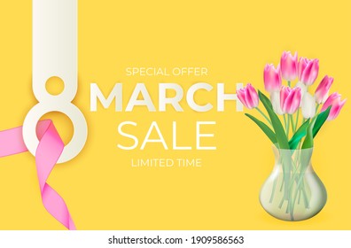 8 March sale banner Background Design. Template  for advertising, web, social media and fashion ads. Poster, flyer, greeting card, header for website  Vector Illustration.
