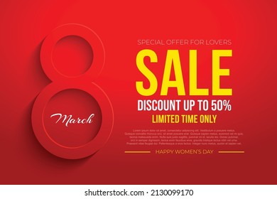 8 March sale banner Background Design. Template for advertising, web, social media and fashion ads. Poster, flyer, greeting card, header for website Vector Illustration.